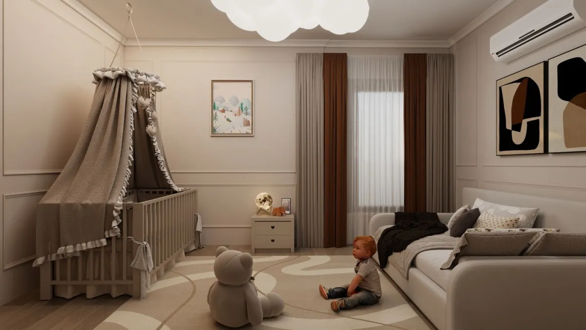 Kinderzimmer mit sanftem Wandbild und gemuetlicher Einrichtung