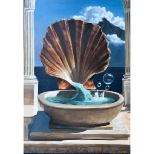Seashell fountain art print with classical columns overlooking the ocean – The Oracle limited edition fine art print