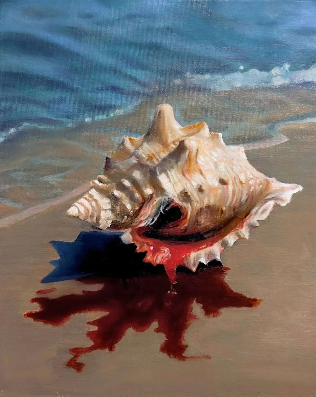 Oil Painting of seashell on beach - Echoes of the tide